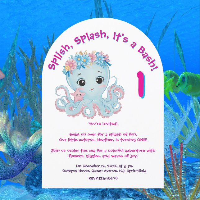 Convite Aniversário de criança Brilhante De Octopus Girass (Criador carregado)