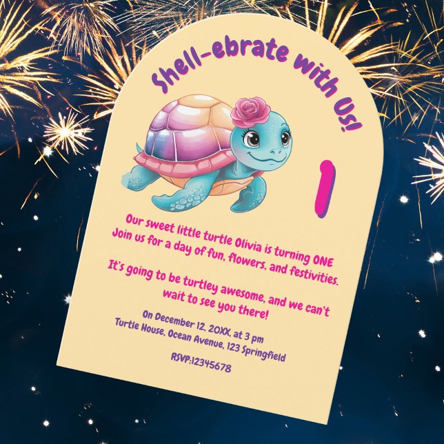 Convite Aniversário de criança Brilhante De Tartaruga Flor (Criador carregado)