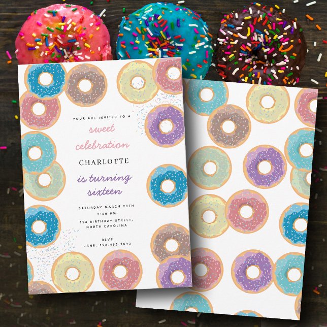 Convite Aniversário de criança Colorido de Rosquinhas e bo (Colorful Pastel Donuts & Sprinkles Kids Birthday Invitation)