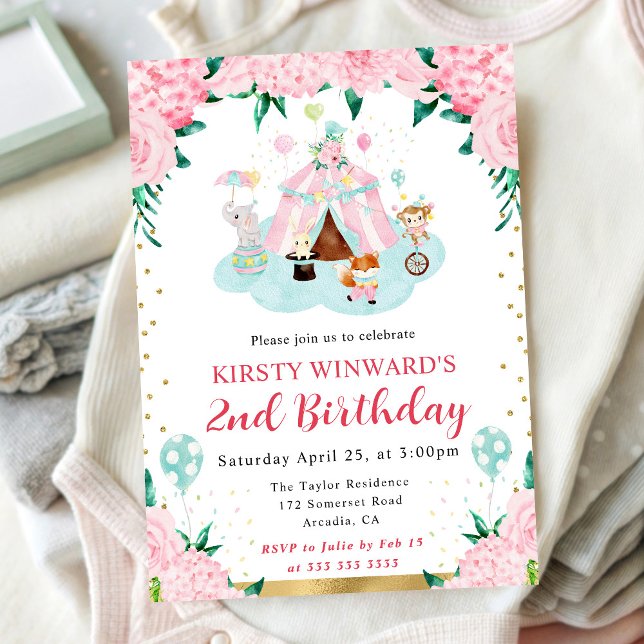 Convite Aniversário de criança De Animais Do Circo Rosa De (Criador carregado)