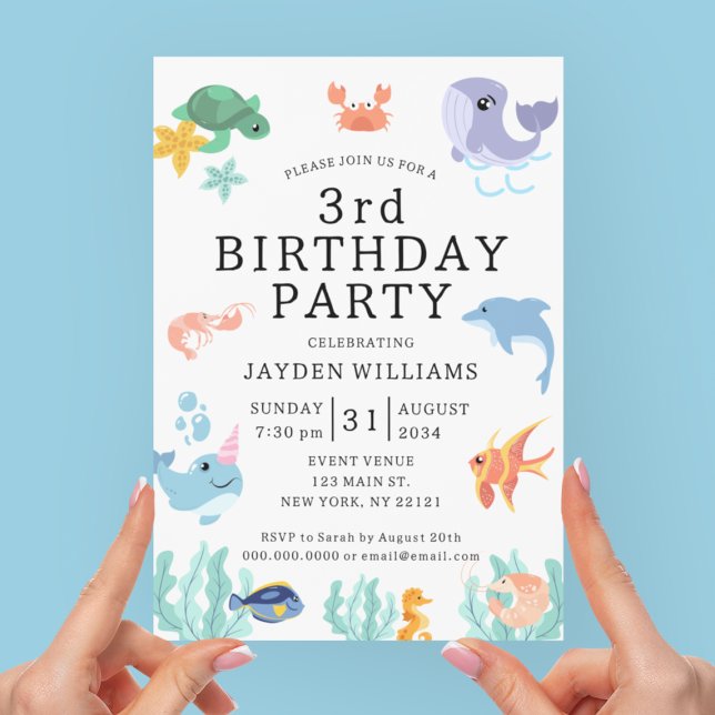 Convite Aniversário de criança de Animais do Mar de Cué (Cute Sea Animals Kids Birthday Invitation
)