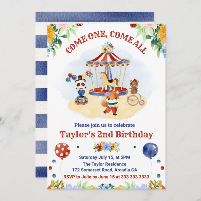 Convite Aniversário de criança de Carnaval de Circo de Cor (Frente/Verso)