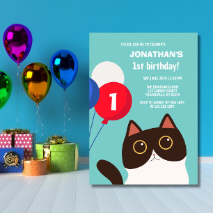 Convite Aniversário de criança de Cartoon Cat Rainbow Ball