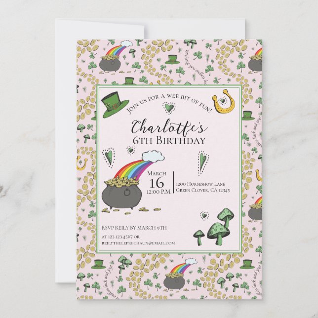 Convite Aniversário de criança de Dia de São Patrício Rosa (Frente)