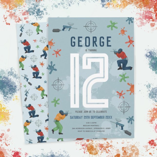 Convite Aniversário de criança de Festa de Paintball Azul  (Criador carregado)