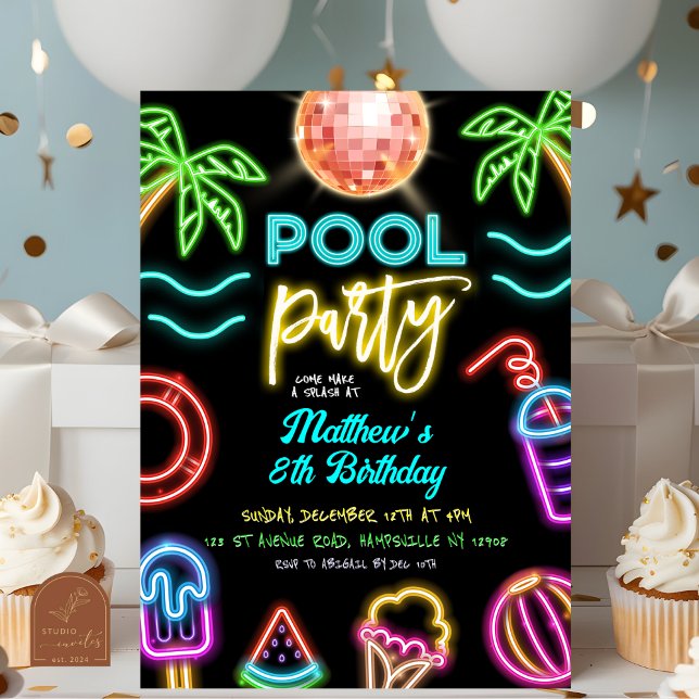 Convite Aniversário de criança de Festa Neon Piscina (Criador carregado)