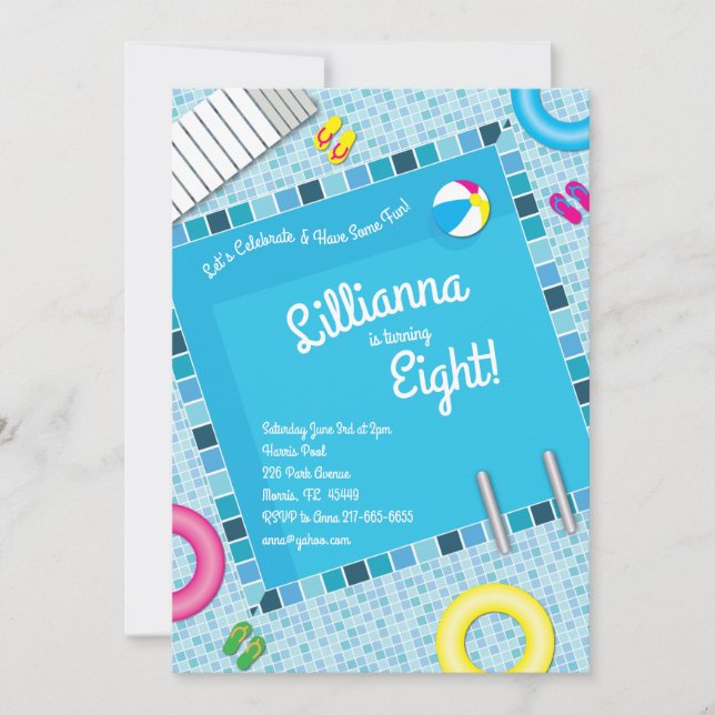 Convite Aniversário de criança de festa Piscina Verão (Frente)