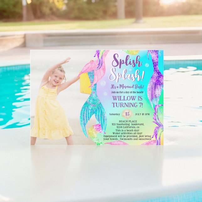 Convite Aniversário de criança de fotos do oceano de cauda (Beach mermaid tails ocean photo Kids birthday Invitation)