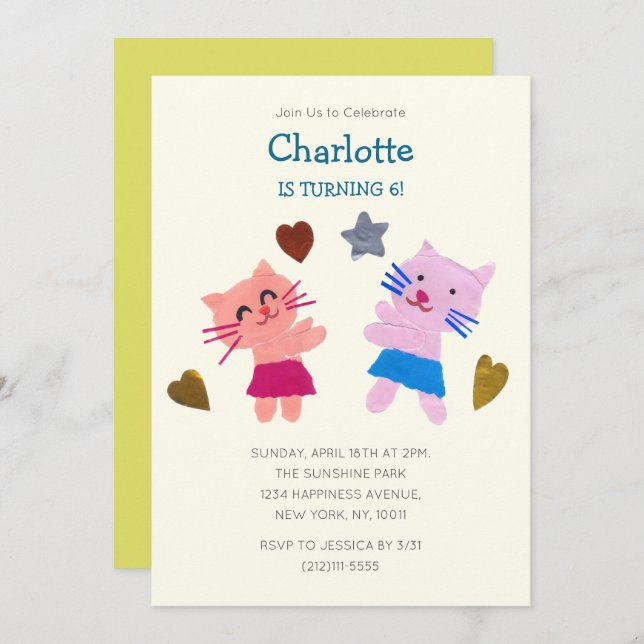 Convite Aniversário de criança de Gatos de Colagem de Pape (Frente/Verso)