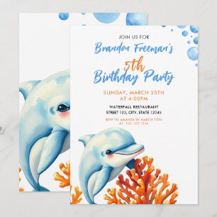 Convite Aniversário de criança de golfinho de coral azul e
