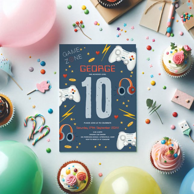 Convite Aniversário de criança de Jogo Azul Moderno para M (Criador carregado)