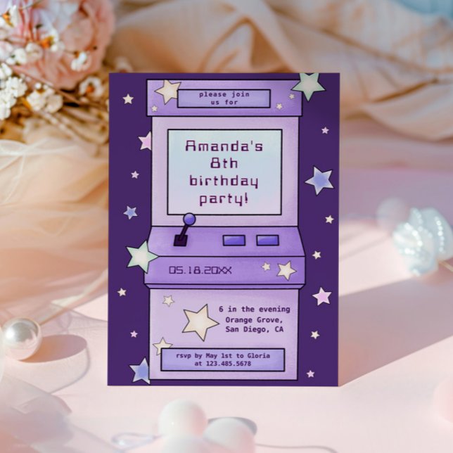 Convite Aniversário de criança de Jogo de Arcade Roxo Retr (Criador carregado)