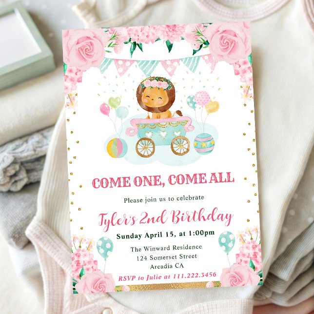 Convite Aniversário de criança de Leão de Flores Rosa de A (Criador carregado)