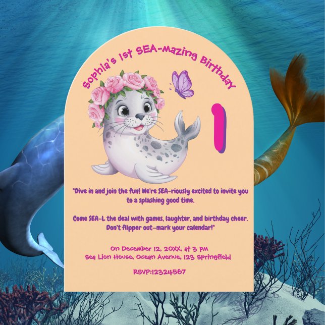 Convite Aniversário de criança de Leão de Leão de Mar Flor (Criador carregado)