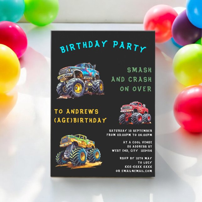 Convite Aniversário de criança de monstro de diversão pers (monster truck birthday theme , fully editable , kids birthday invitation )