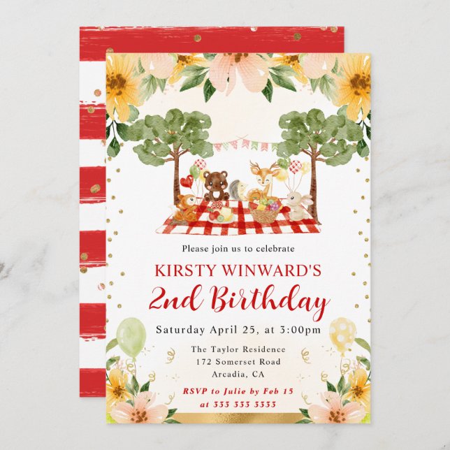 Convite Aniversário de criança de Picnic de Animais da Flo (Frente/Verso)