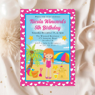 Convite Aniversário de criança de Praia de Garota Vermelha