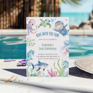 Convite Aniversário de criança de Vida do Mar de Aquarela