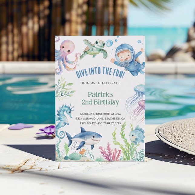 Convite Aniversário de criança de Vida do Mar de Aquarela (Criador carregado)