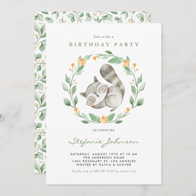 Convite Aniversário de criança de Wreath do Baby Raccoon (Frente/Verso)