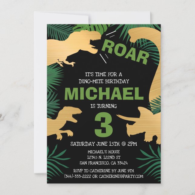 Convite Aniversário de criança Dinossauro Dino Dourado Tre (Frente)