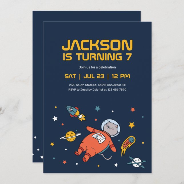 Convite Aniversário de criança do Astronauta Exterior do C (Frente/Verso)