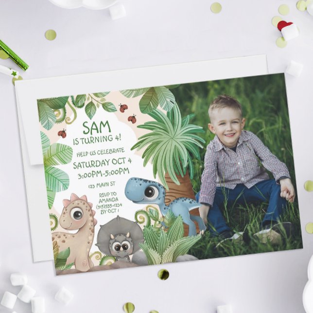 Convite Aniversário de criança do Dinossauro Fotográfico (Dinosaur Birthday Party Photo Invitations)