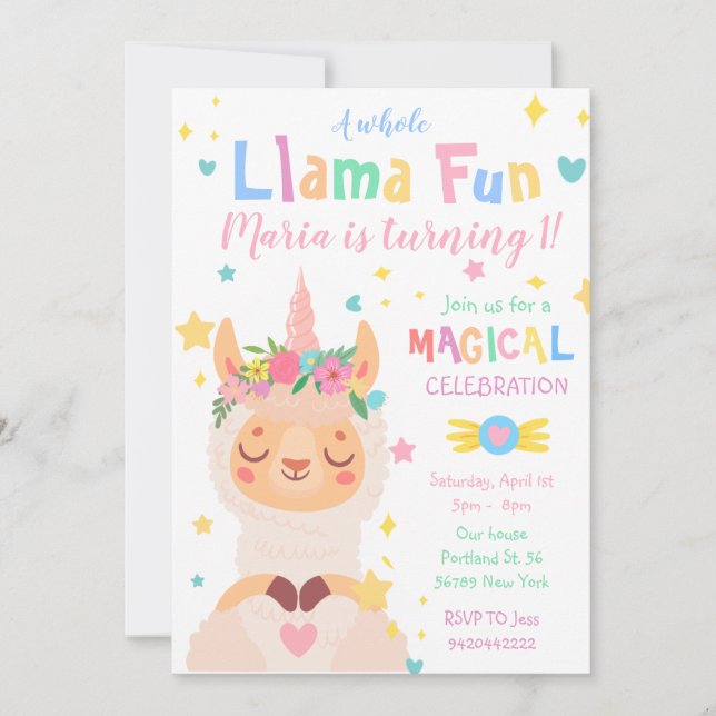 Convite Aniversário de criança do Llama Unicorn Magical Pa (Frente)
