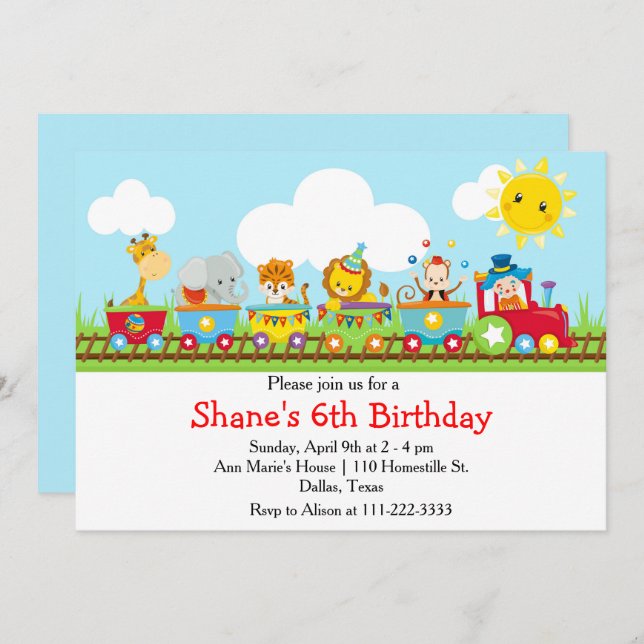 Convite Aniversário de criança do trem Circus Animal em Ve (Frente/Verso)