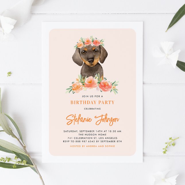 Convite Aniversário de criança Floral de Dachshund Cura de (Criador carregado)