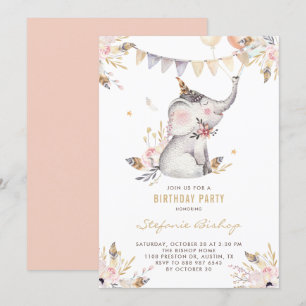 Convite Aniversário de criança Floral de Elefante Boho W