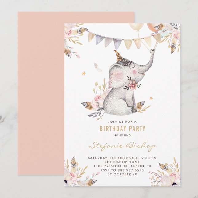 Convite Aniversário de criança Floral de Elefante Boho Wat (Frente/Verso)
