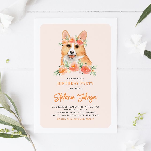 Convite Aniversário de criança Floral de Pêssego de Corgi  (Criador carregado)
