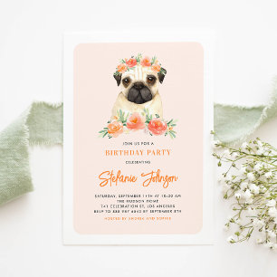 Convite Aniversário de criança Floral de Pêssego de Pug