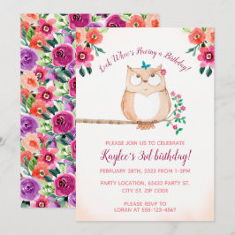 Convite Aniversário de criança Floral Owl