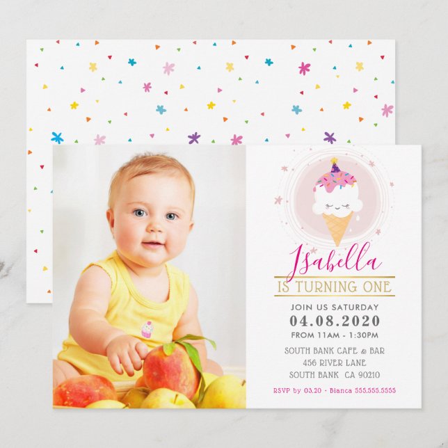 Convite ANIVERSÁRIO DE CRIANÇA FOTO sorvete doce colorido (Frente/Verso)