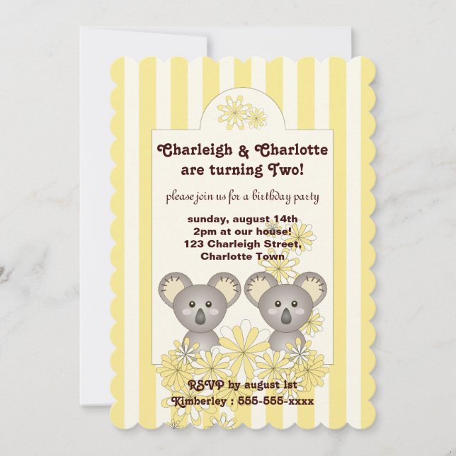 Convite Aniversário de criança Gêmeo Koala, Garrafa Amarel (Frente)