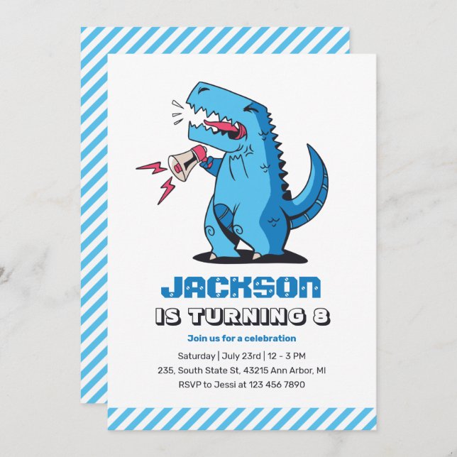 Convite Aniversário de criança legal do Dinossauro Azul de (Frente/Verso)