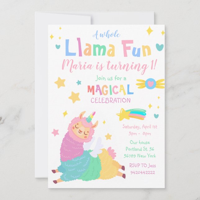 Convite Aniversário de criança Llama Unicorn Llamacorn (Frente)