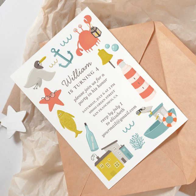 Convite Aniversário de criança náutico. Animais das praias (Criador carregado)