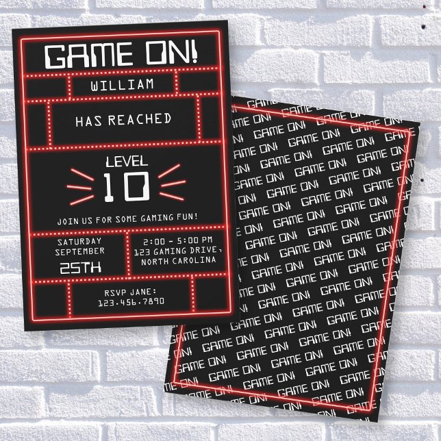 Convite Aniversário de criança Neon do Jogo de Vídeo com A (Retro Arcade Video Game Neon Kids Birthday Invitation)