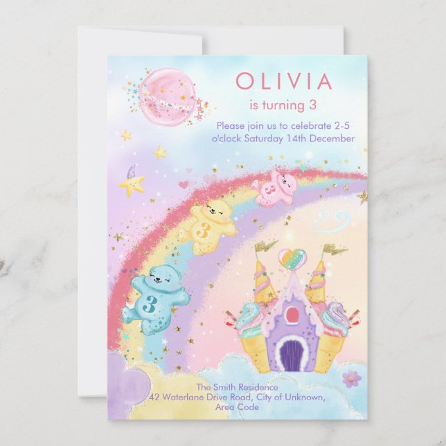 Convite Aniversário de criança Rainbow Bears da Magia Fant (Frente)