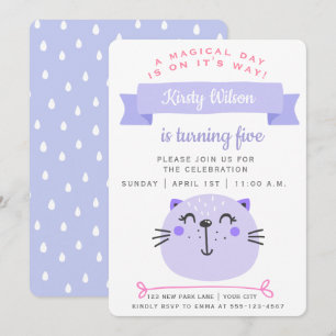 Convite Aniversário de criança roxo bonito do gato  