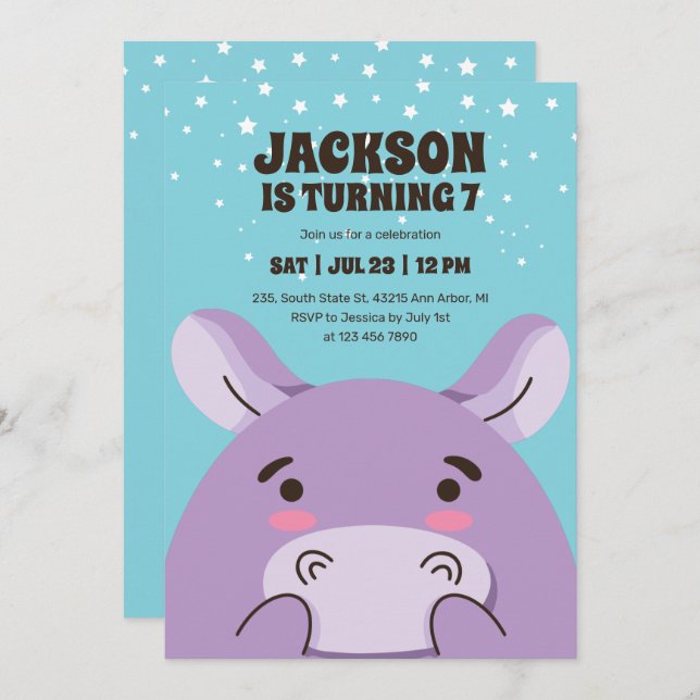 Convite Aniversário de criança Safari Cute Hippo (Frente/Verso)