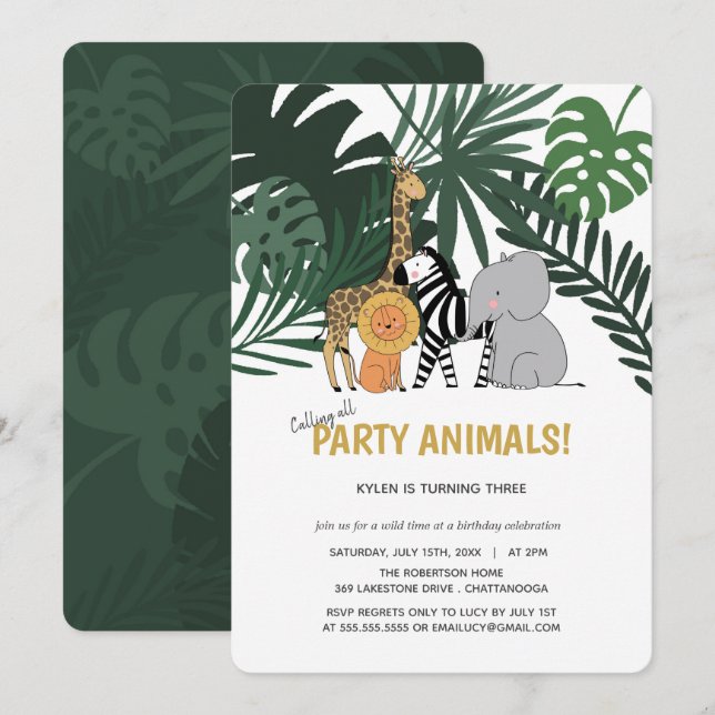 Convite Aniversário de criança Safari de Animais do Partid (Frente/Verso)