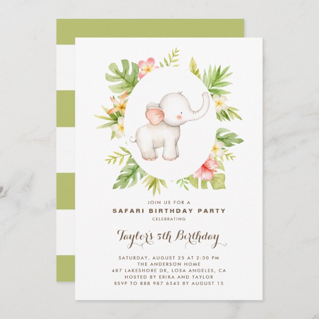 Convite Aniversário de criança Safari De Elefante De Aquar (Frente/Verso)