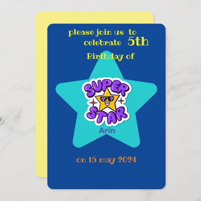 Convite aniversário de criança superstar (Frente/Verso)