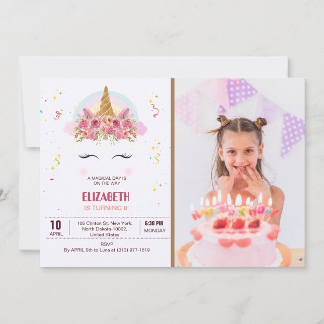 Convite Aniversário de criança Unicorn Tema Personalizado  (Frente)