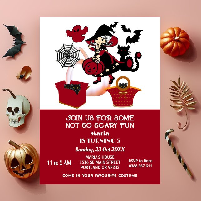 Convite Aniversário de criança Web Wandering Witeen Hallow (Wandering Witch Halloween Spider Web Kids Birthday Invitation)