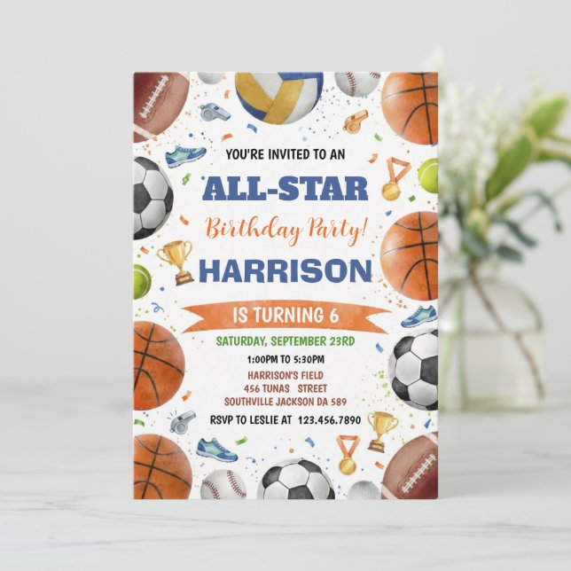 Convite Aniversário de Crianças Estrelas do Esporte Bolas  (Em pé/Frente)